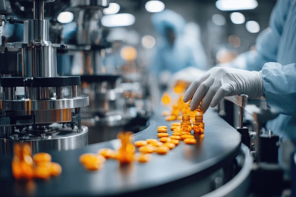 Pharmaceutical manufacturing line workers